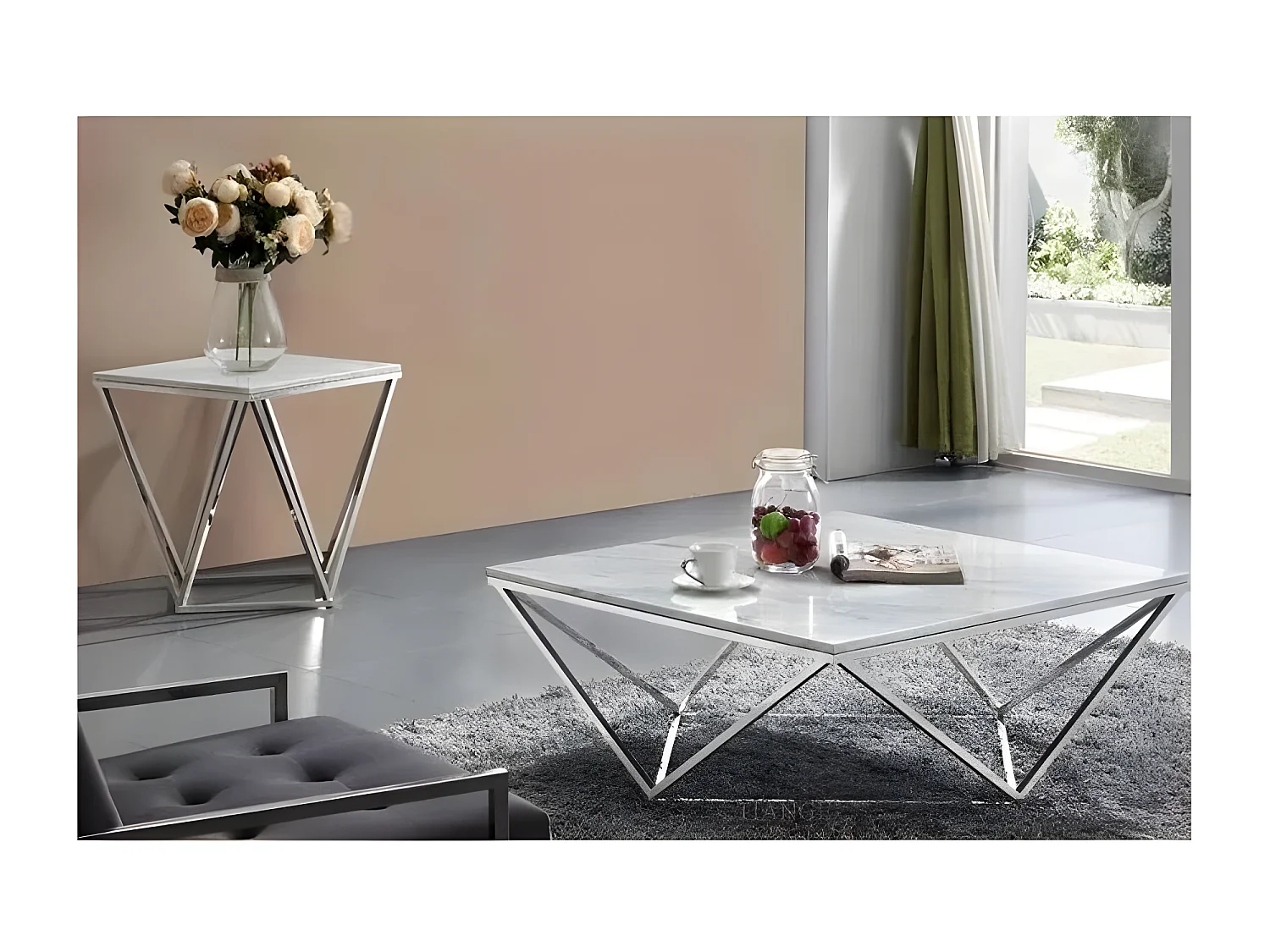 Table basse carré alina plateau en verre marbré blanc pieds chromés 80x80x45 cm