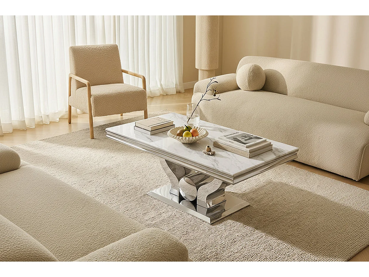 Table Basse Chrome plateau effet Marbré Blanc 120x70 cm TROFY