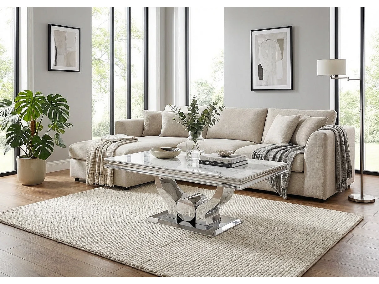 Table Basse Chrome plateau effet Marbré Blanc 120x70 cm TROFY