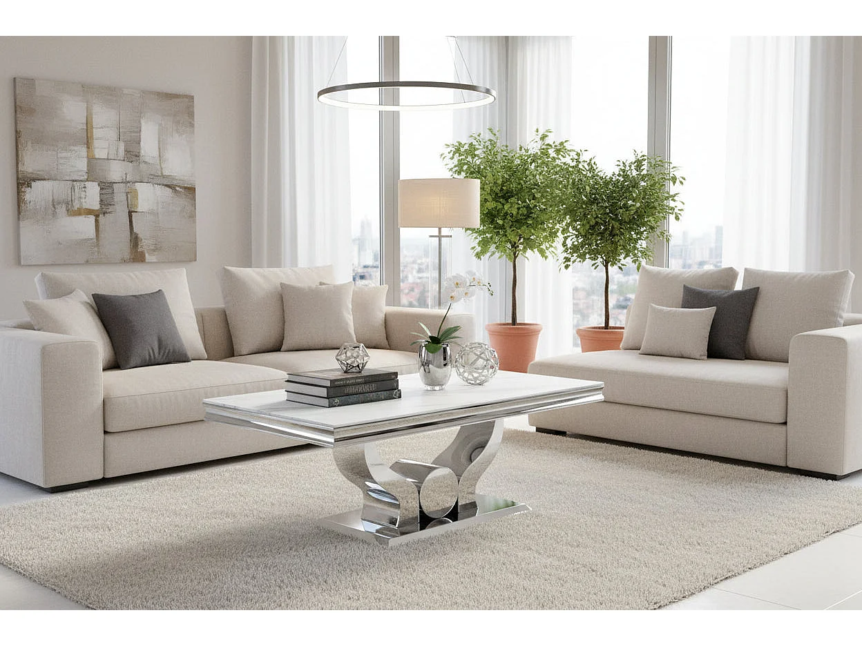 Table Basse Chrome plateau effet Marbré Blanc 120x70 cm TROFY
