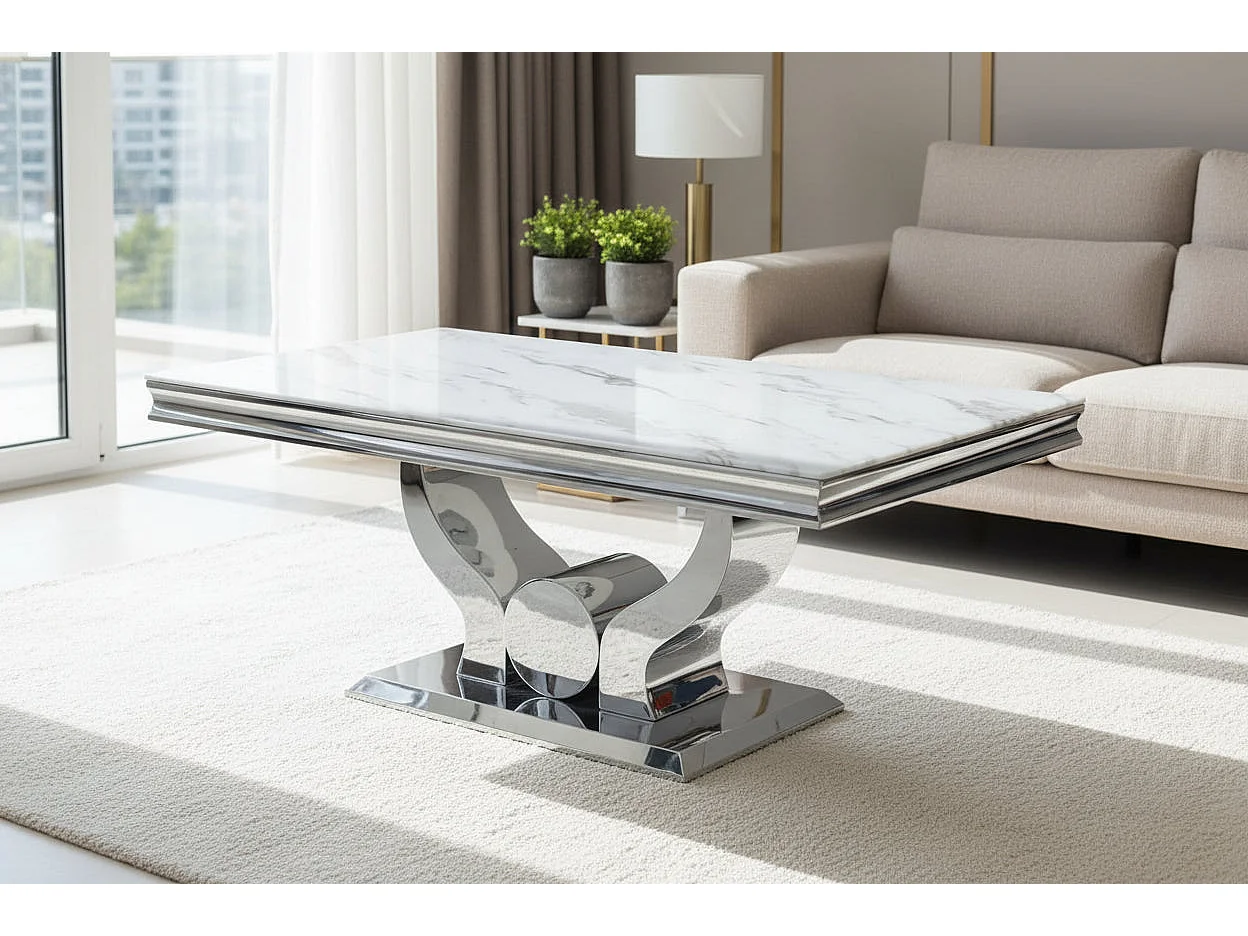 Table Basse Chrome plateau effet Marbré Blanc 120x70 cm TROFY