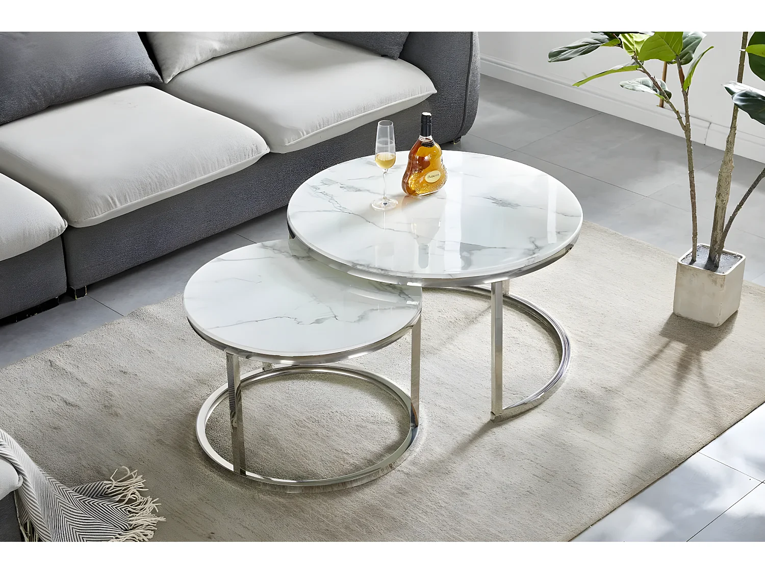 Lot de 2 tables basses gigogne arto inox verre effet marbre blanc