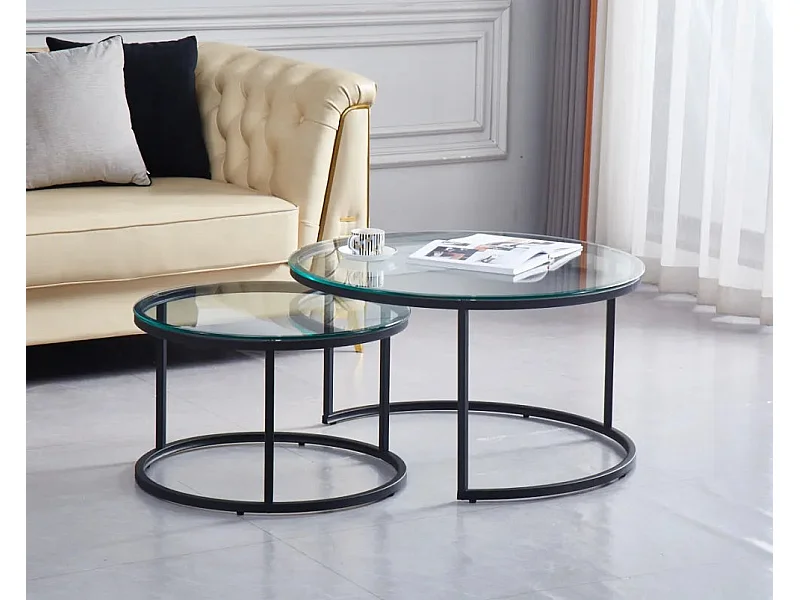Lot de 2 tables Basses Gigogne ARTO métal noir et plateau en verre
