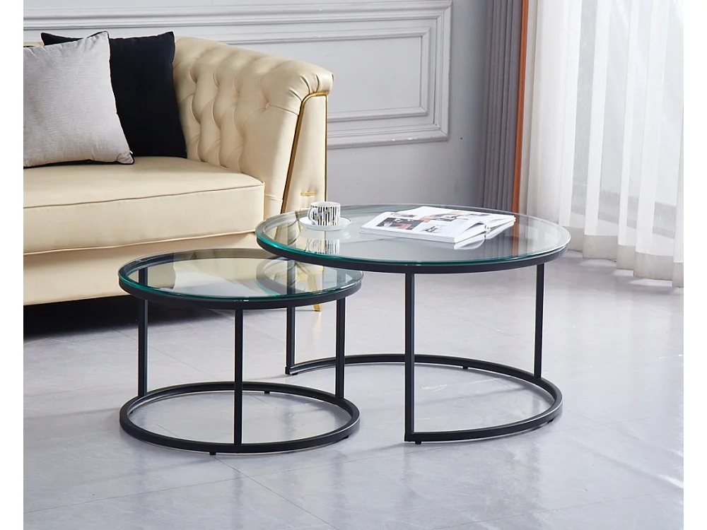 Lot de 2 tables Basses Gigogne ARTO métal noir et plateau en verre