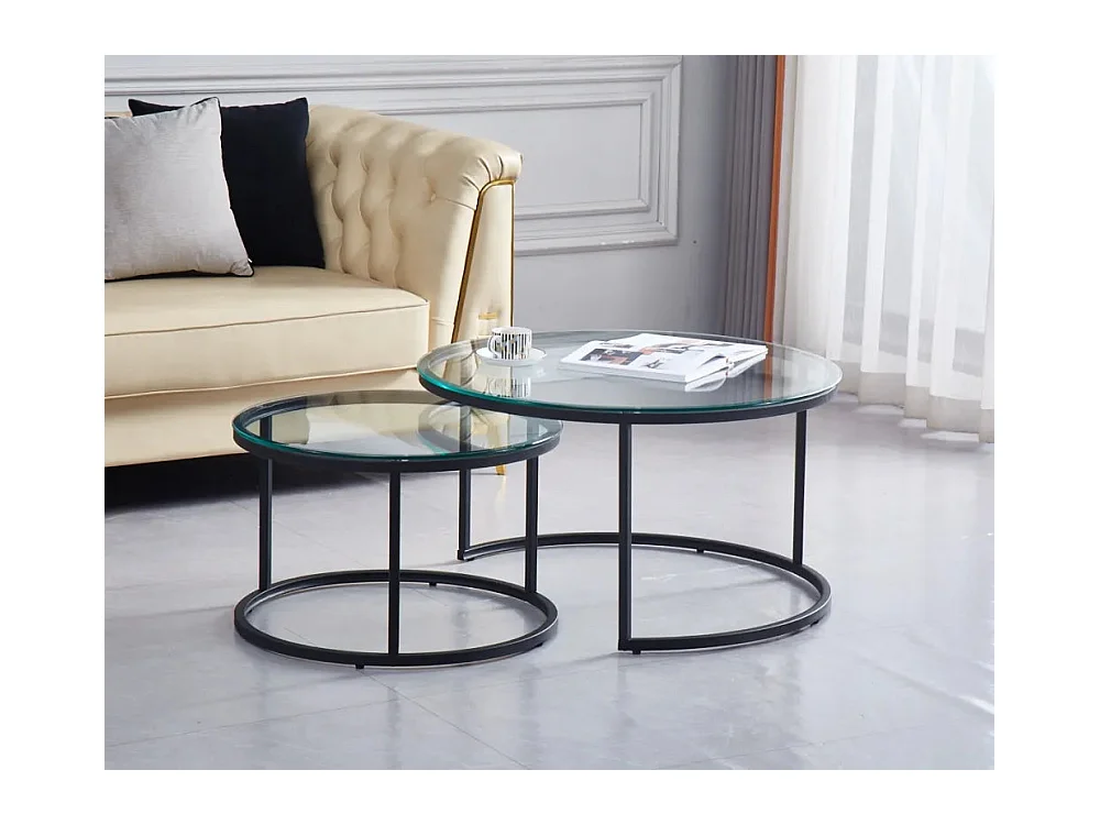 Lot de 2 tables Basses Gigogne ARTO métal noir et plateau en verre