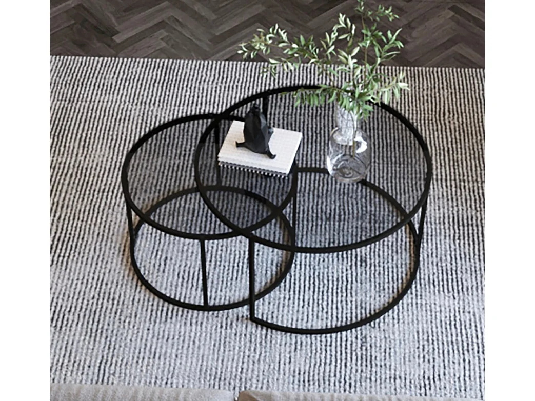 Lot 2 Tables Basses Gigognes ARTO Rondes Plateau Verre Trempé Transparent Métal Noir D80/D60