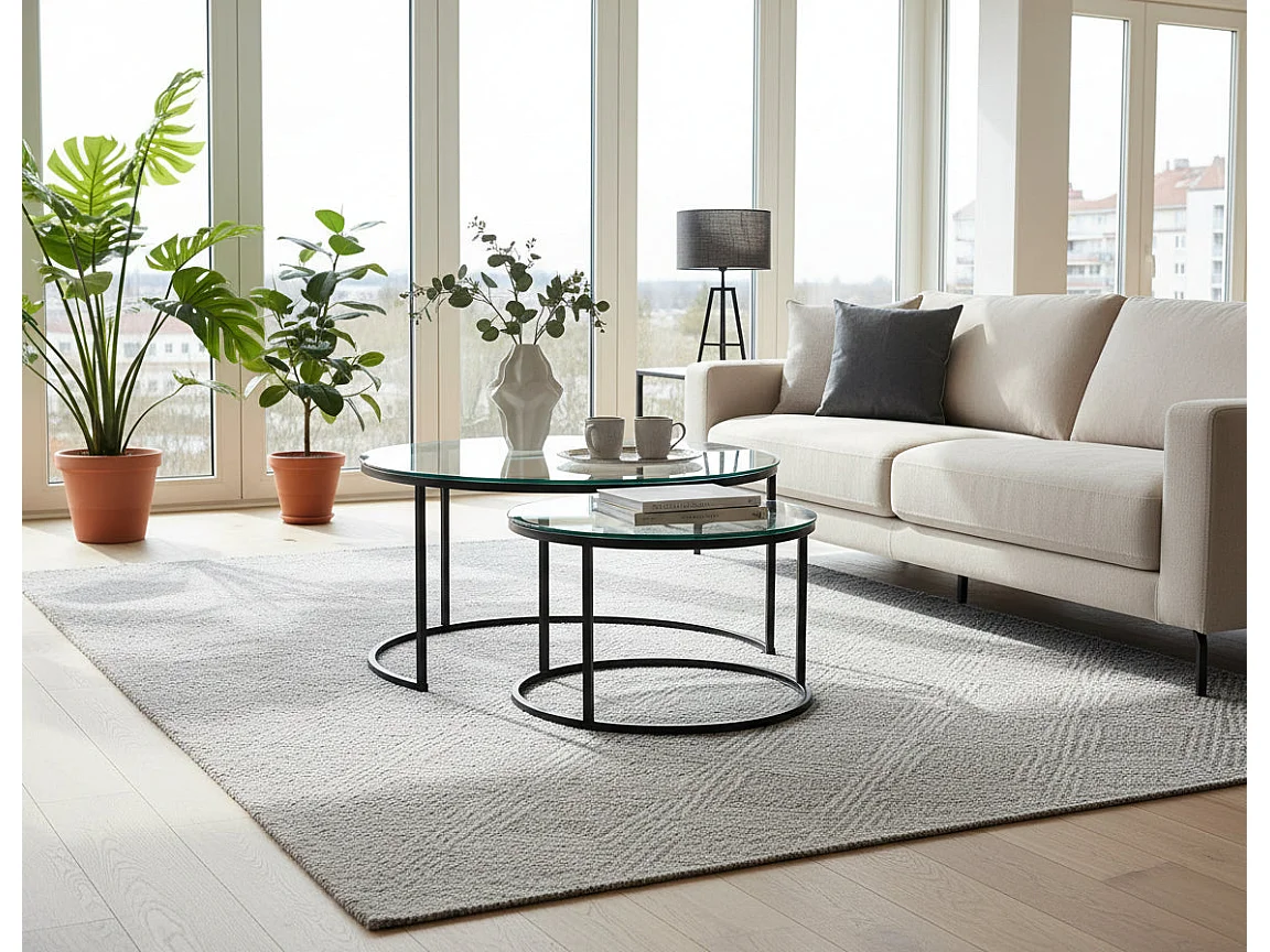 Lot 2 Tables Basses Gigognes ARTO Rondes Plateau Verre Trempé Transparent Métal Noir D80/D60