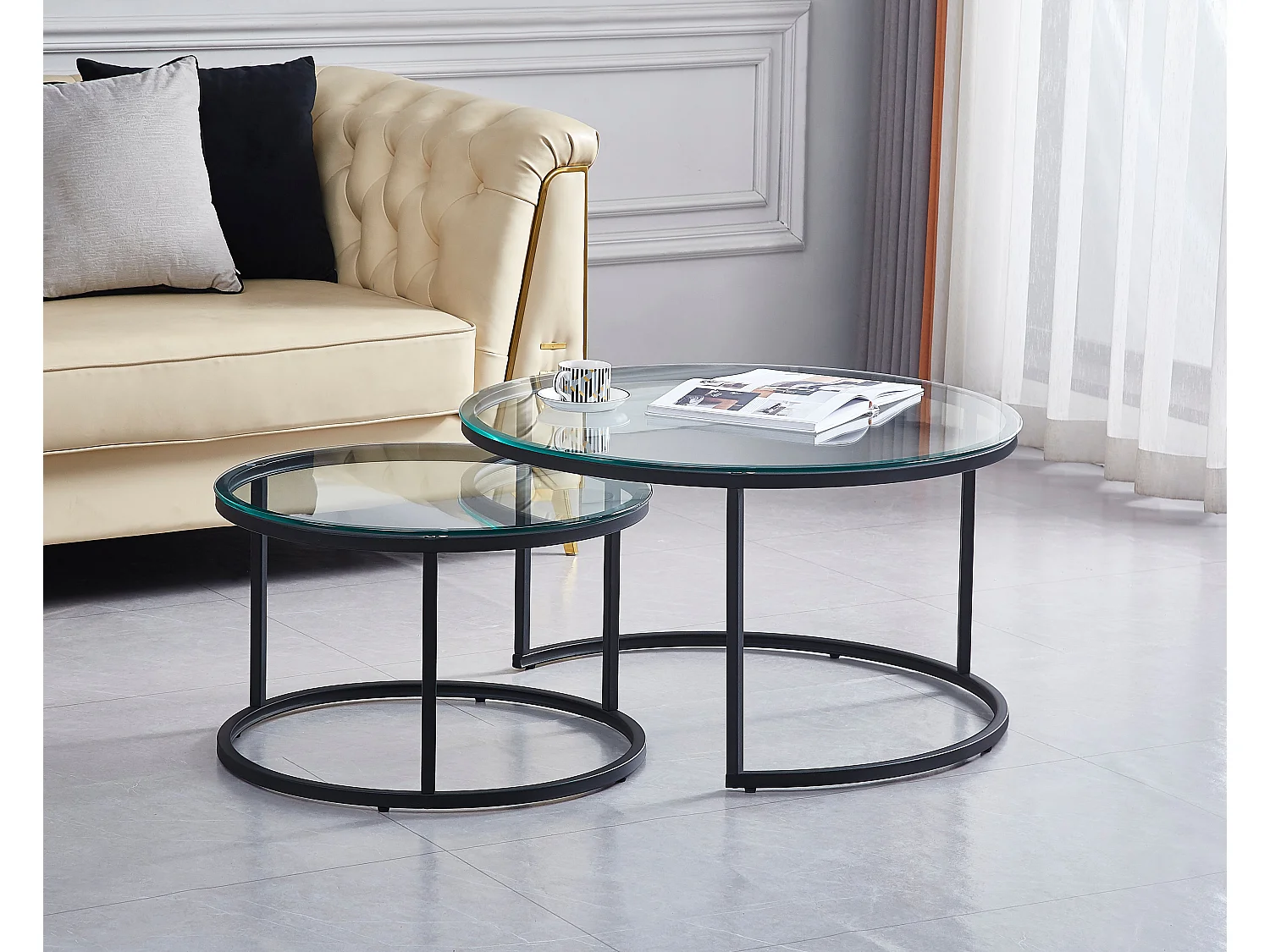 Lot 2 Tables Basses Gigognes ARTO Rondes Plateau Verre Trempé Transparent Métal Noir D80/D60