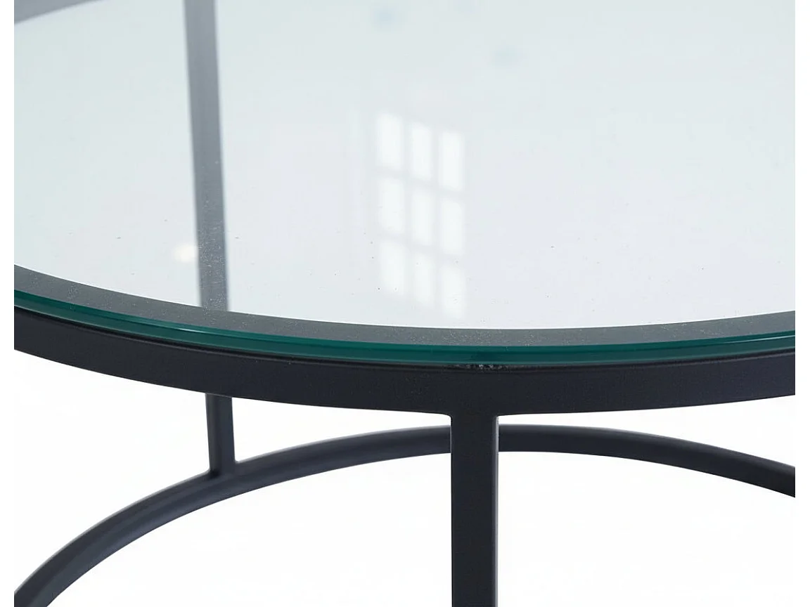 Lot 2 Tables Basses Gigognes ARTO Rondes Plateau Verre Trempé Transparent Métal Noir D80/D60