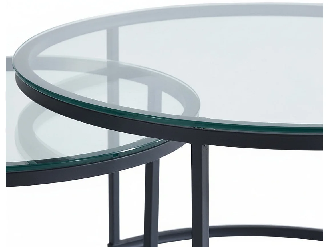 Lot 2 Tables Basses Gigognes ARTO Rondes Plateau Verre Trempé Transparent Métal Noir D80/D60
