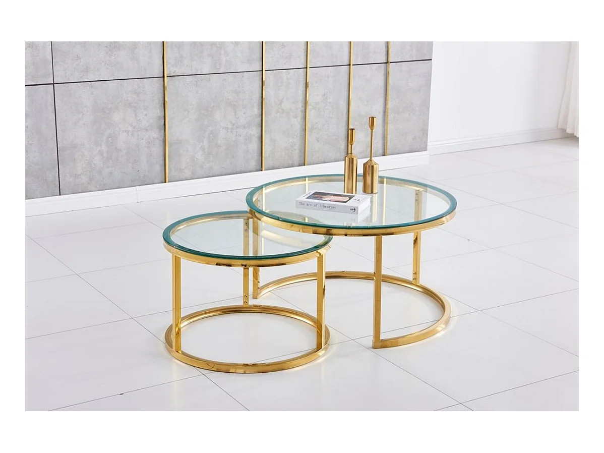 Lot de 2 tables Basses Gigogne ARTO Gold et plateau en verre transparent