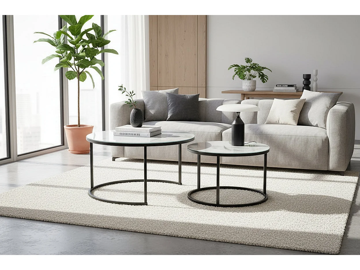 Lot 2 Tables Basses Gigognes ARTO Rondes Plateau Verre Trempé Marbré Blanc Métal Noir D80/D60