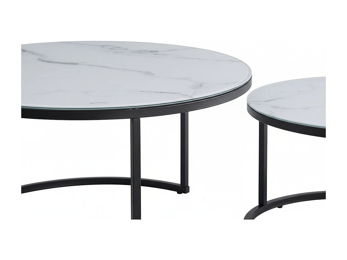 Lot 2 Tables Basses Gigognes ARTO Rondes Plateau Verre Trempé Marbré Blanc Métal Noir D80/D60