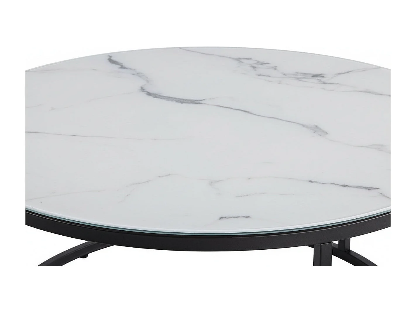 Lot 2 Tables Basses Gigognes ARTO Rondes Plateau Verre Trempé Marbré Blanc Métal Noir D80/D60