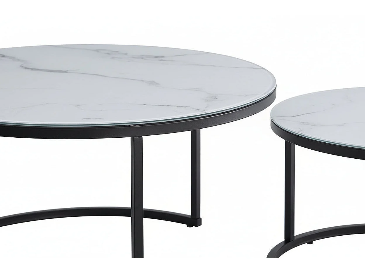 Lot 2 tables basses gigognes rondes effet marbré blanc D80 D60 ARTO