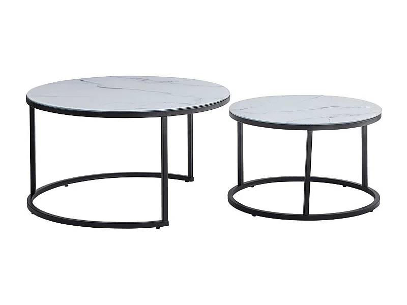 Lot 2 Tables Basses Gigognes ARTO Rondes Plateau Verre Trempé Marbré Blanc Métal Noir D80/D60