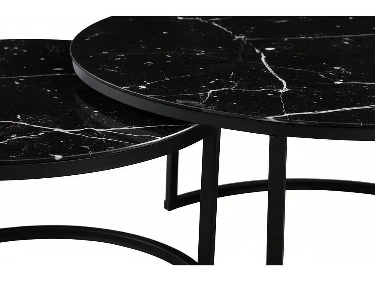 Lot 2 Tables Basses Gigognes ARTO Rondes Plateau Verre Trempé Marbré Noir Métal Noir D80/D60