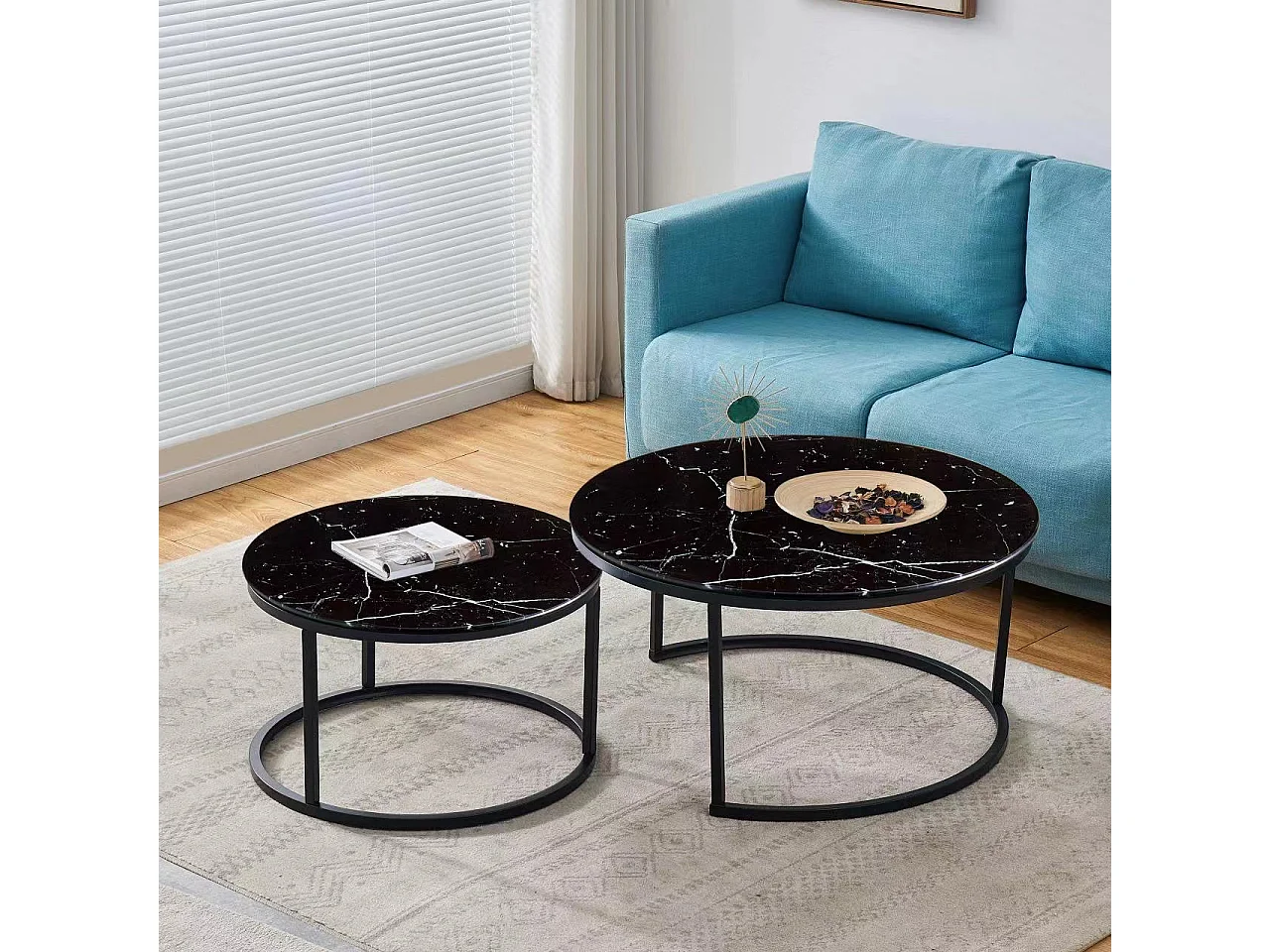 Lot 2 tables basses gigognes rondes effet marbré noir D80 D60 ARTO