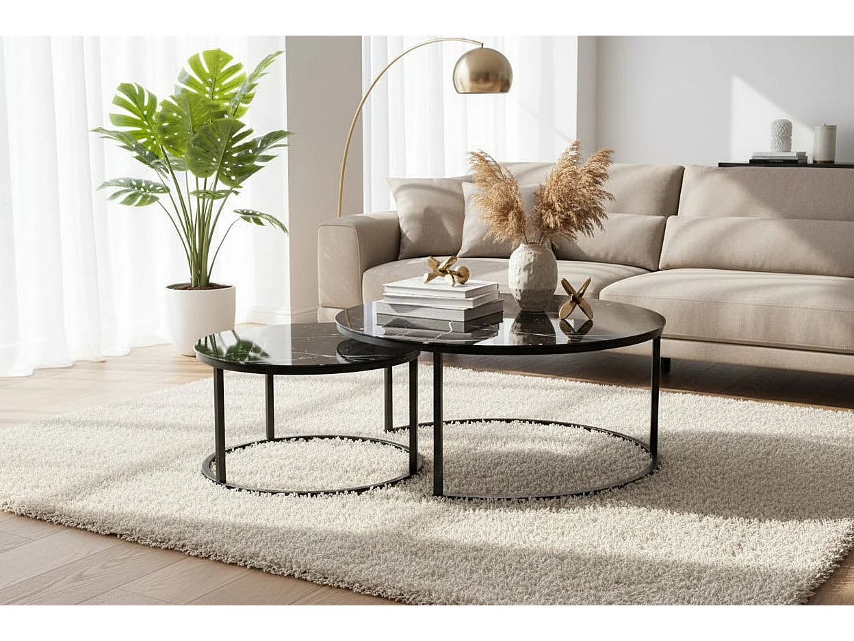 Lot 2 tables basses gigognes rondes effet marbré noir D80 D60 ARTO