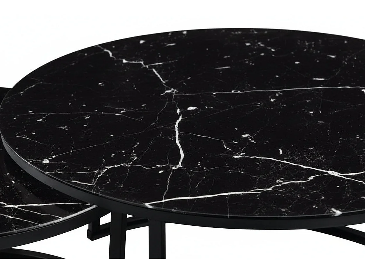 Lot 2 tables basses gigognes rondes effet marbré noir D80 D60 ARTO