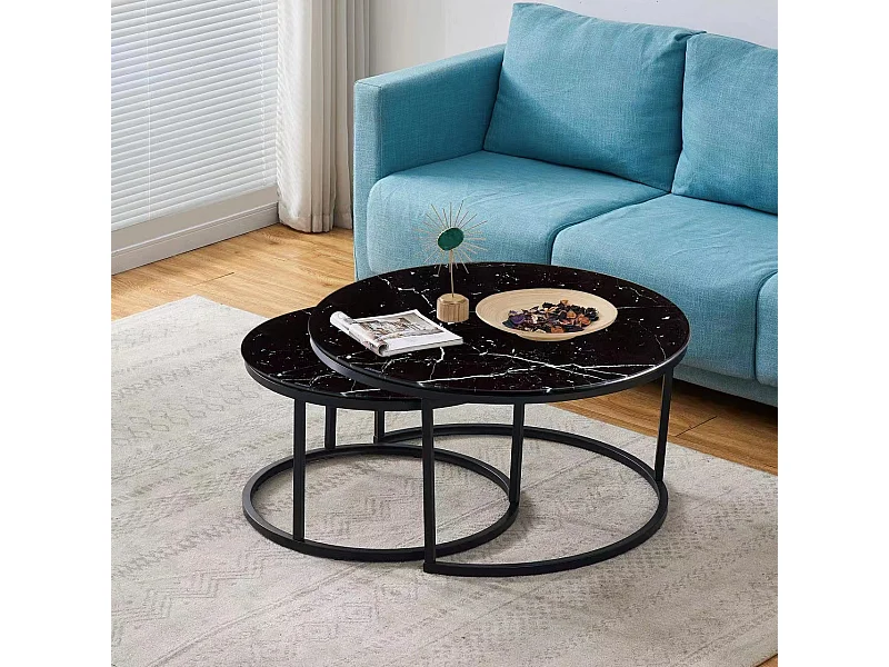 Lot de 2 tables Basses Gigogne ARTO métal noir et plateau en verre - Marbré noir