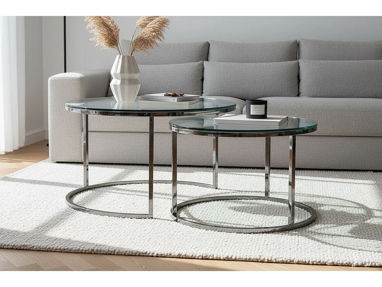 Lot de 2 tables Basses Gigogne ARTO inox et plateau en verre TRANSPARENT