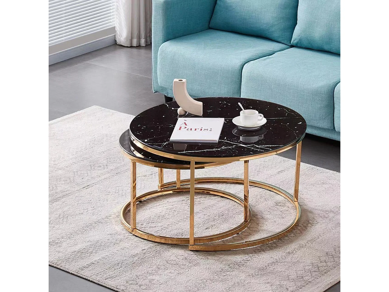 Lot de 2 tables Basses Gigogne ARTO Gold et plateau en verre Marbré Noir