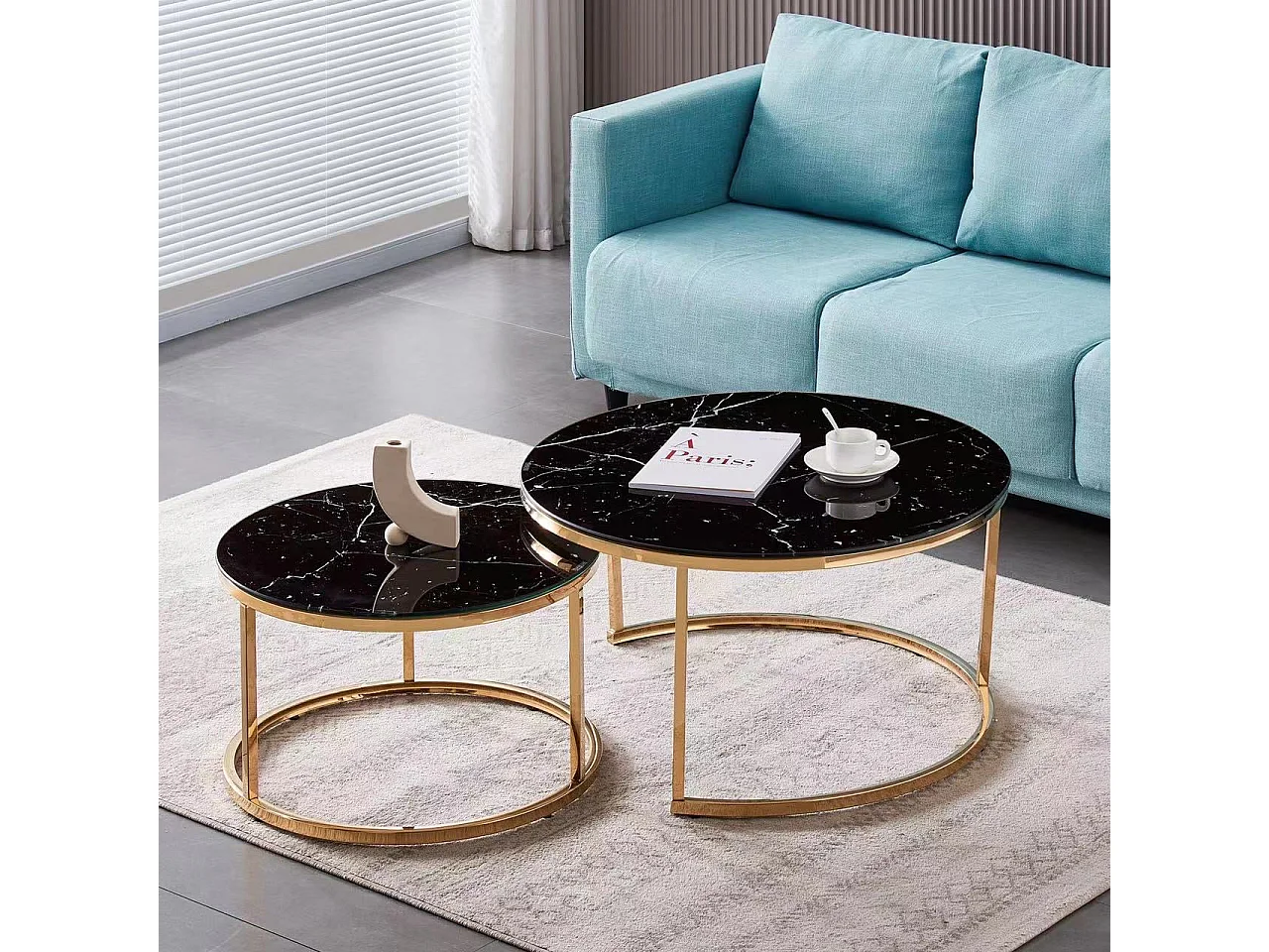 Lot de 2 tables Basses Gigogne ARTO Gold et plateau en verre Marbré Noir