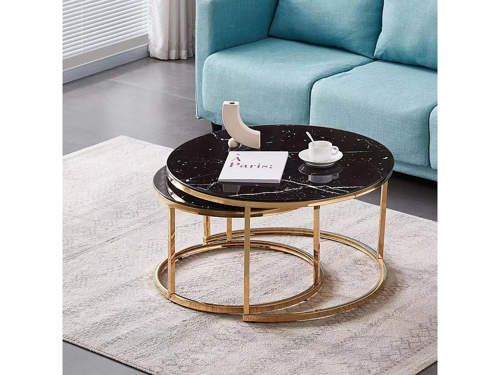 Lot de 2 tables Basses Gigogne ARTO Gold et plateau en verre Marbré Noir