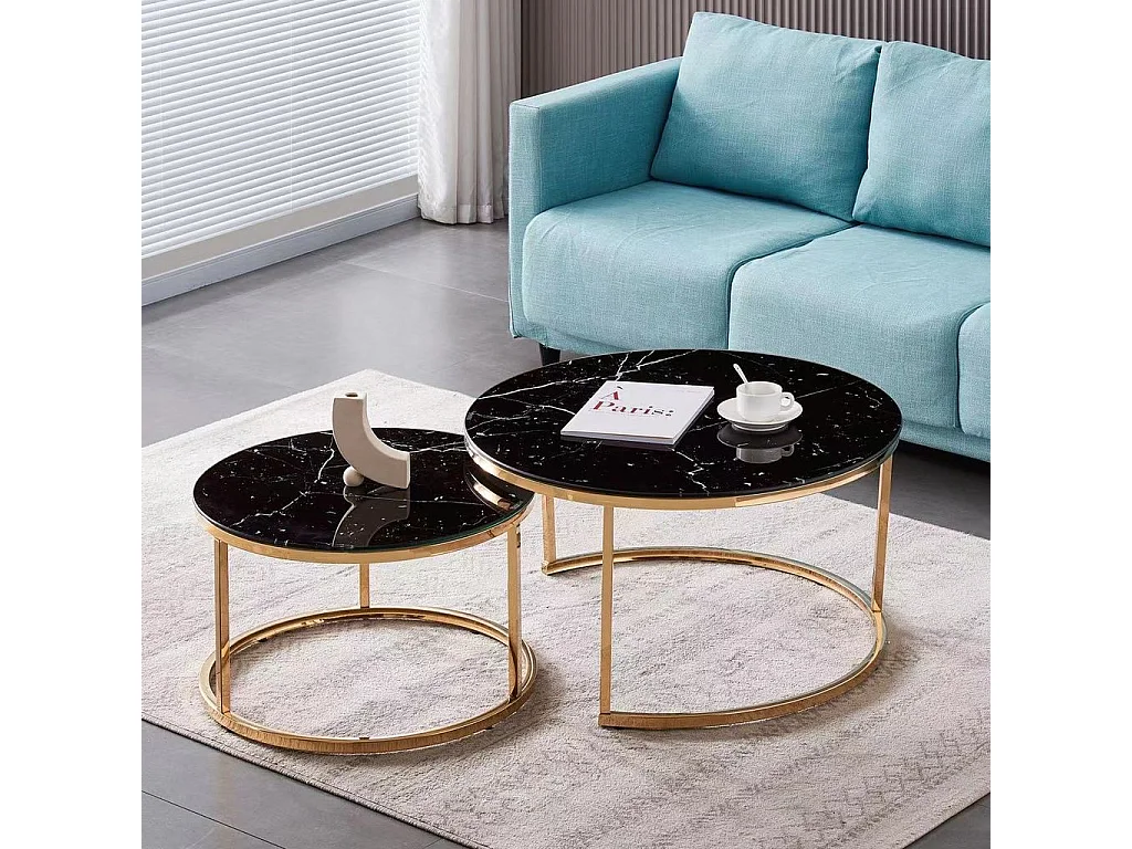 Lot de 2 tables Basses Gigogne ARTO Gold et plateau en verre Marbré Noir