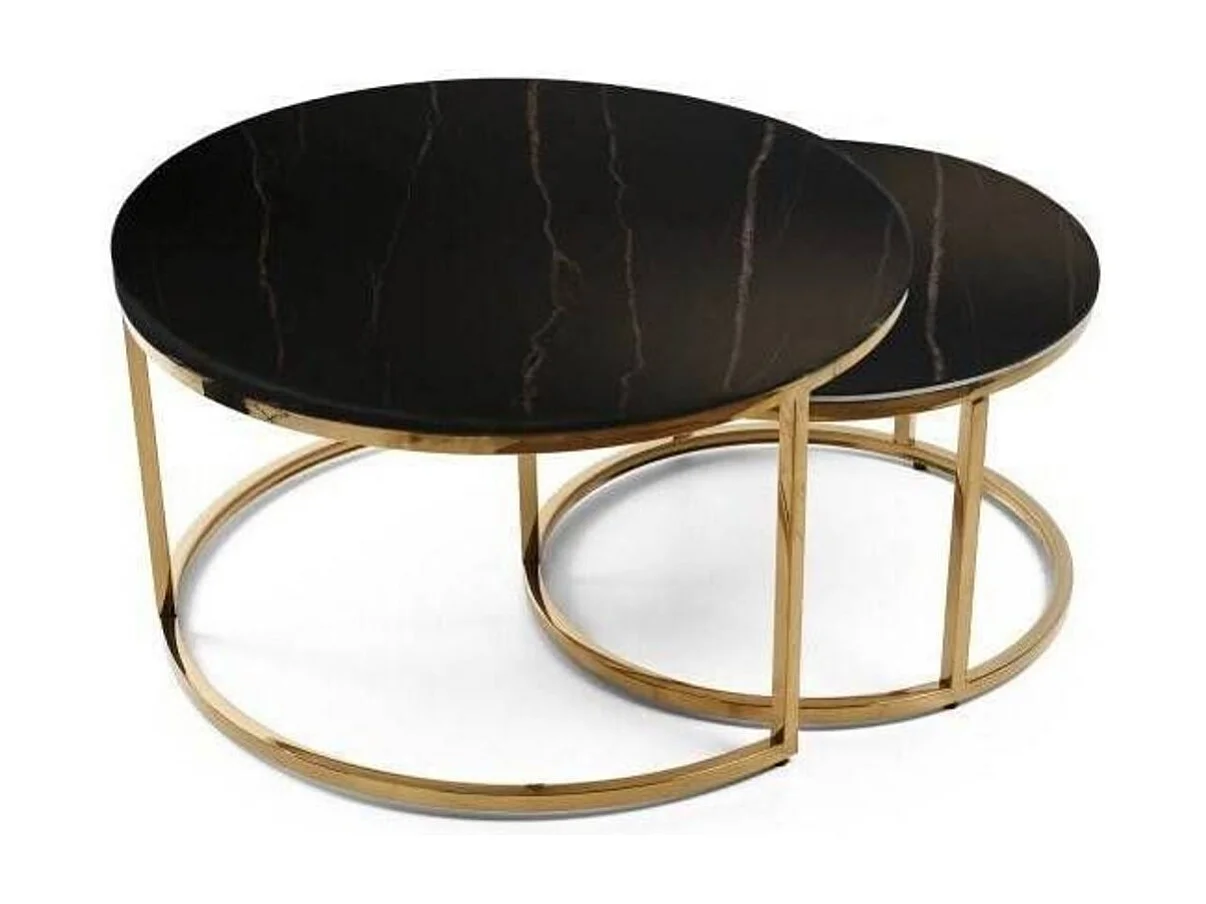Lot de 2 tables Basses Gigogne ARTO Gold et plateau en verre Marbré Noir