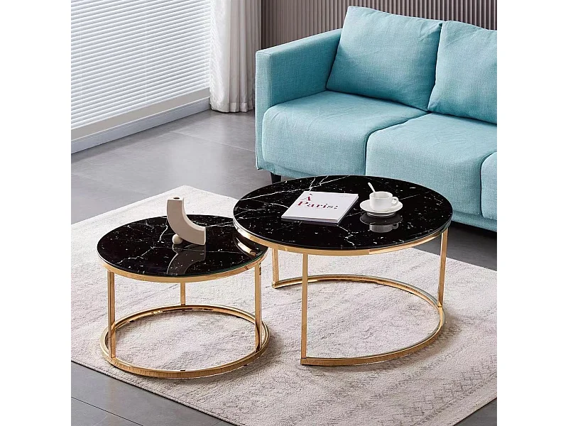 Lot de 2 tables Basses Gigogne ARTO Gold et plateau en verre Marbré Noir