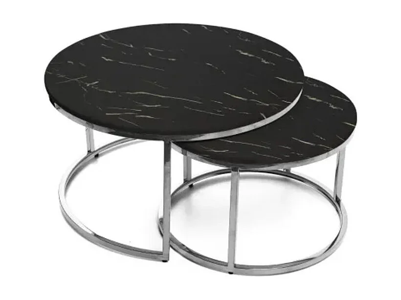 Lot de 2 tables Basses Gigogne ARTO inox et plateau en verre MARBRE NOIR