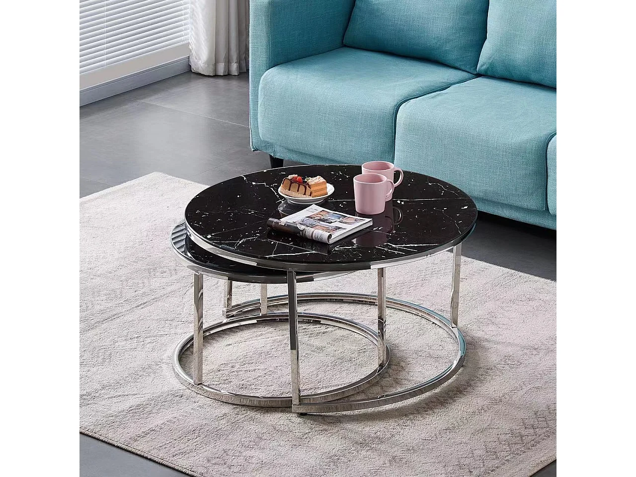 Lot de 2 tables Basses Gigogne ARTO inox et plateau en verre MARBRE NOIR