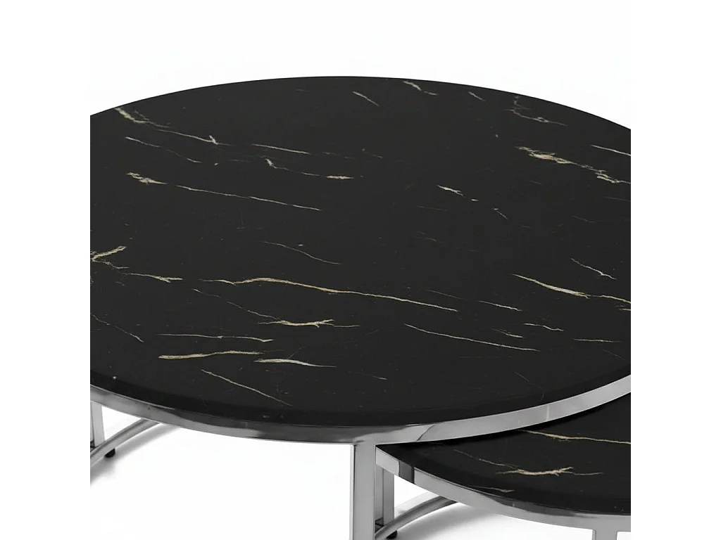 Lot de 2 tables Basses Gigogne ARTO inox et plateau en verre MARBRE NOIR