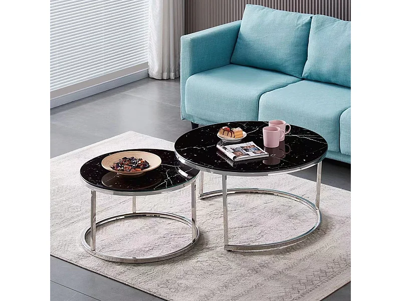 Lot de 2 tables Basses Gigogne ARTO inox et plateau en verre MARBRE NOIR