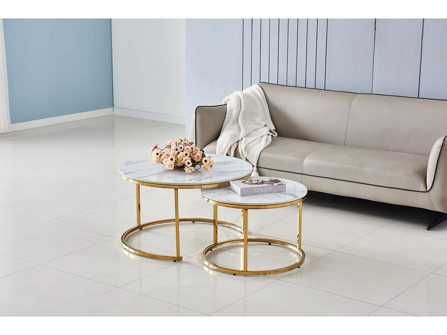 Lot de 2 tables Basses Gigogne ARTO Gold et plateau en verre Marbré Blanc