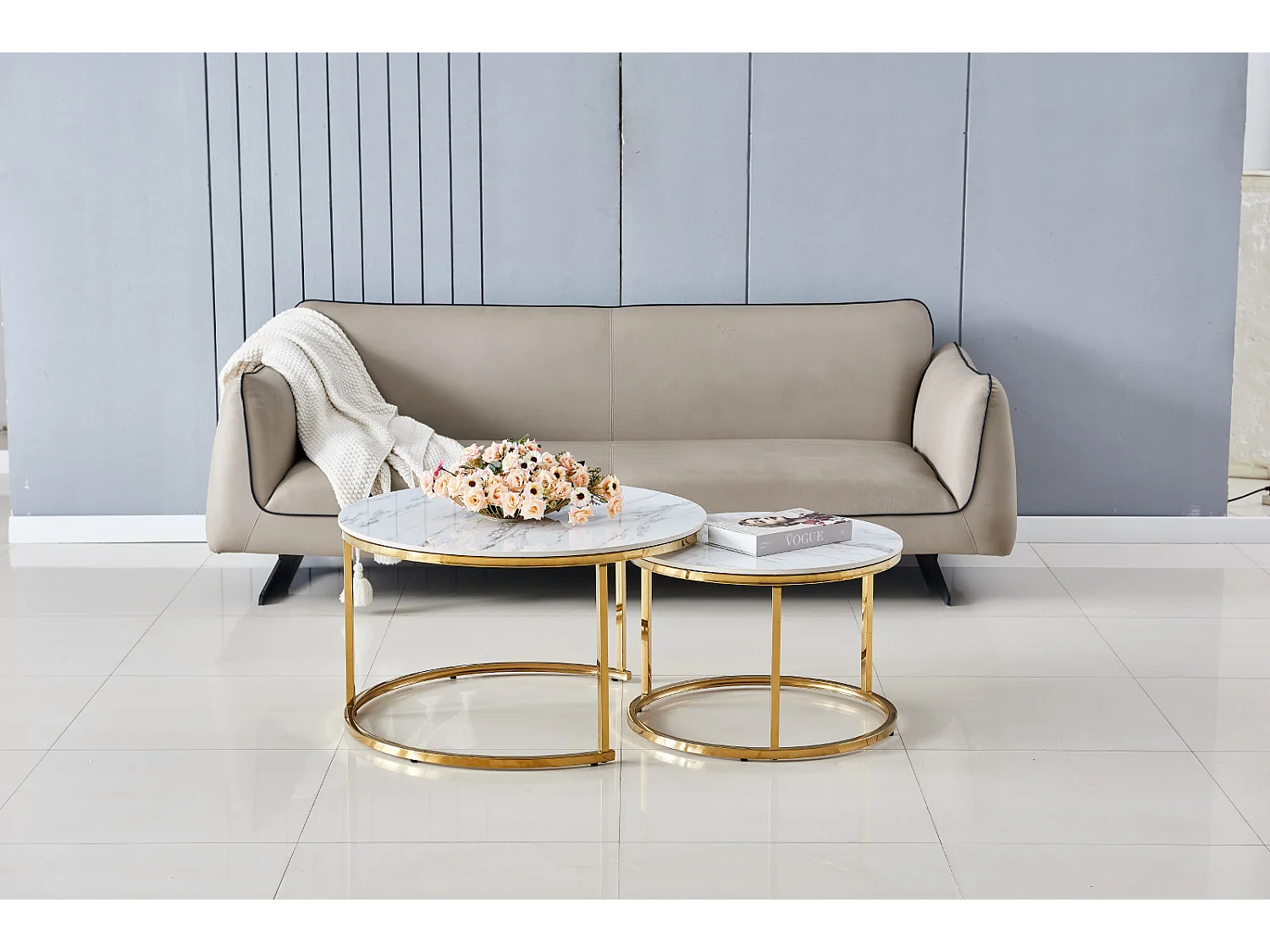 Lot de 2 tables Basses Gigogne ARTO Gold et plateau en verre Marbré Blanc