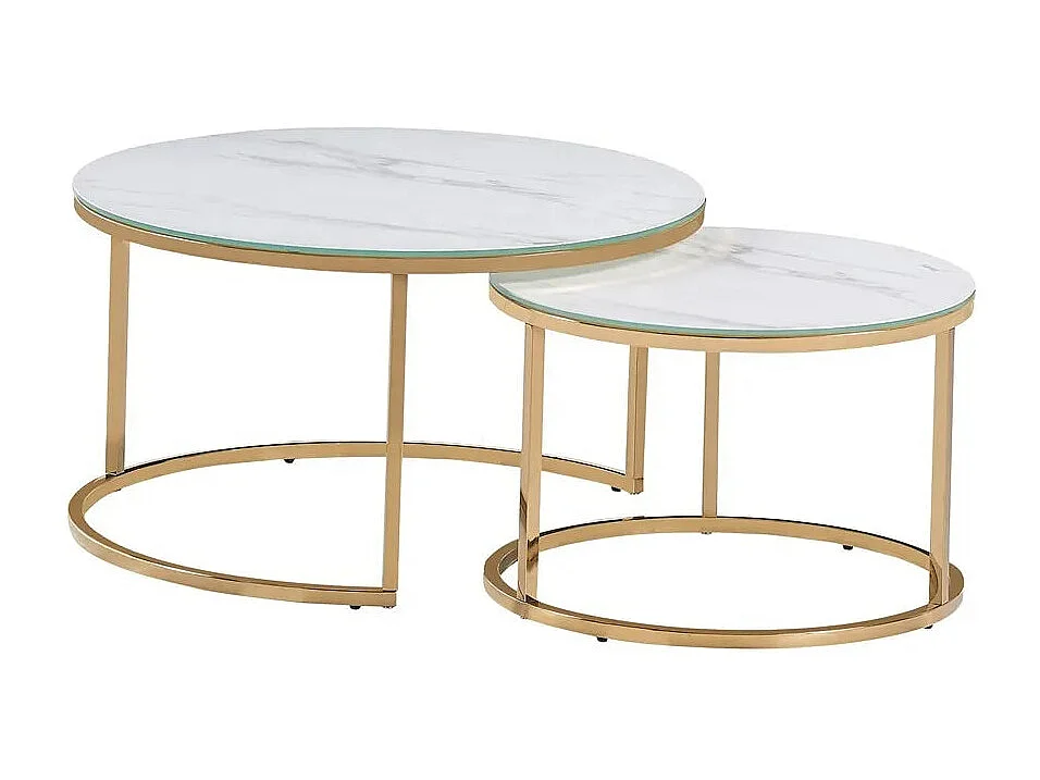 Lot de 2 tables Basses Gigogne ARTO Gold et plateau en verre Marbré Blanc
