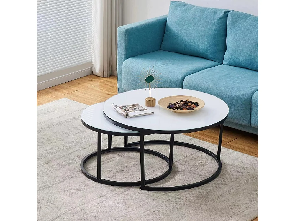 Lot de 2 tables Basses Gigogne ARTO métal noir et plateau en verre