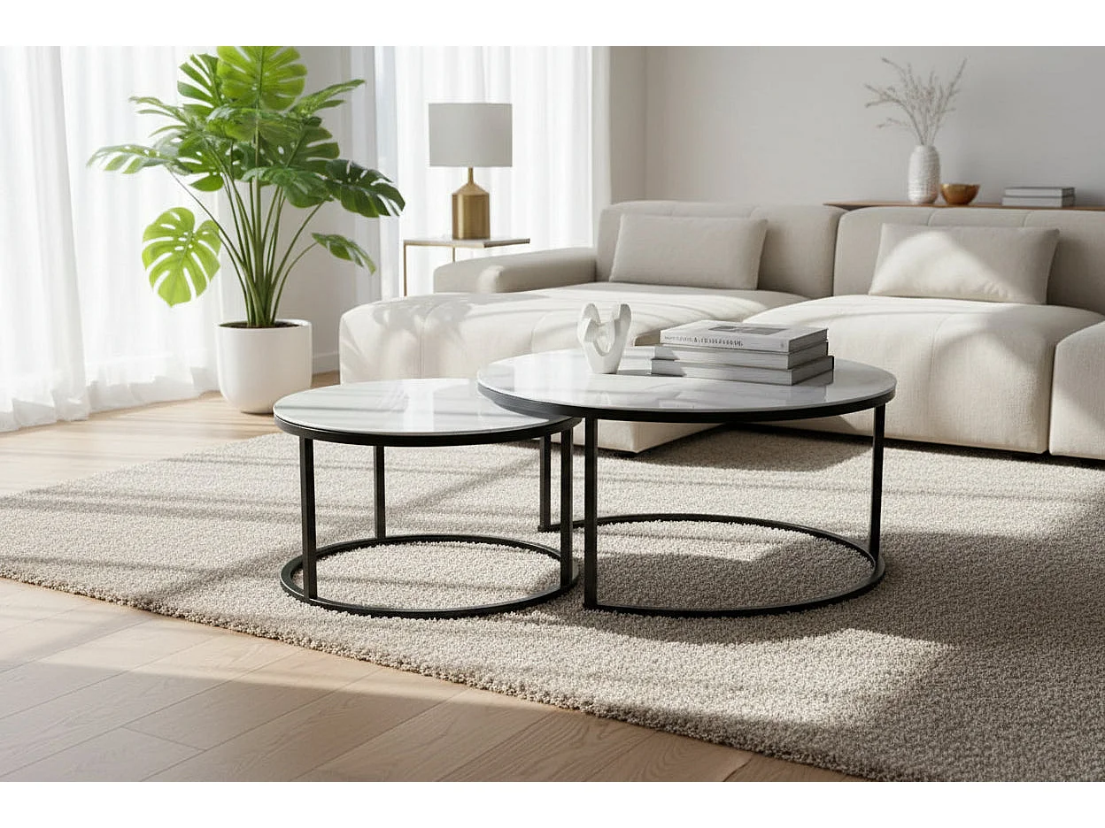 Lot 2 Tables Basses Gigognes ARTO Rondes Plateau Verre Trempé Blanc Métal Noir D80/D60