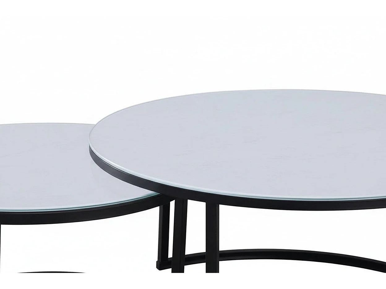 Lot 2 Tables Basses Gigognes ARTO Rondes Plateau Verre Trempé Blanc Métal Noir D80/D60