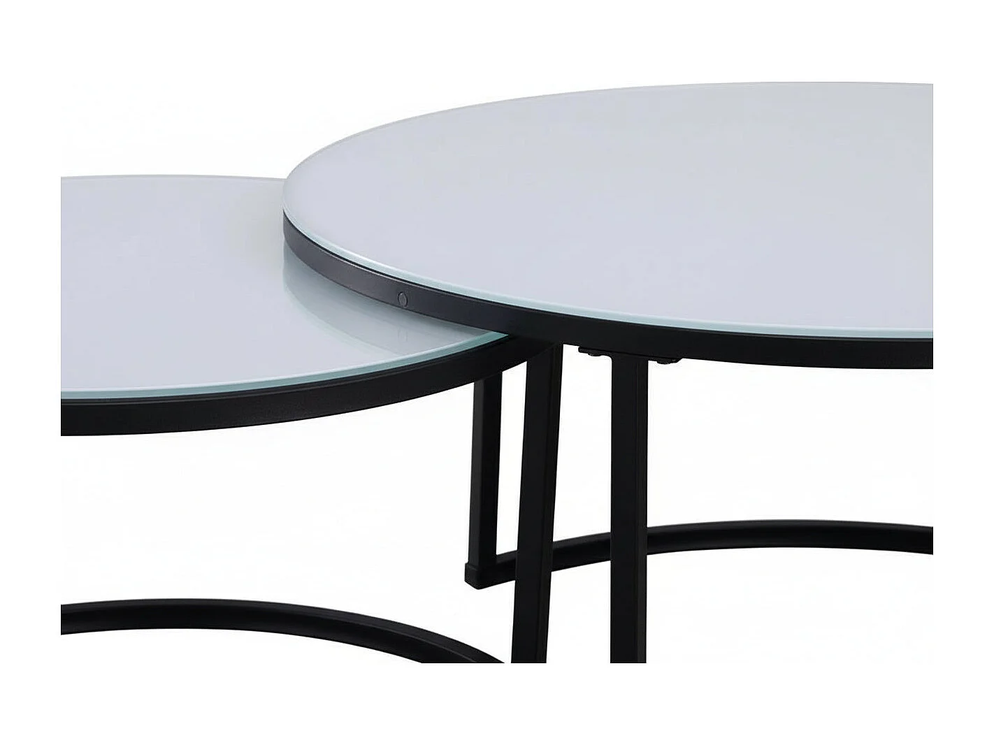 Lot 2 Tables Basses Gigognes ARTO Rondes Plateau Verre Trempé Blanc Métal Noir D80/D60