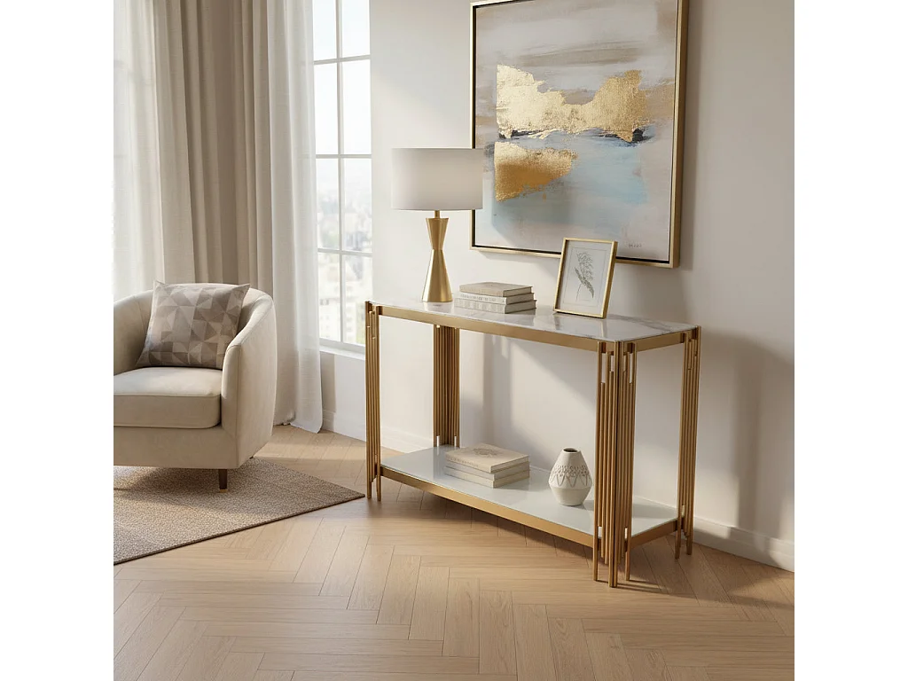 Console gold verre marbré blanc 120x40x78 cm FLUTE