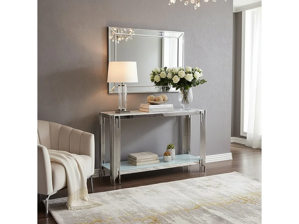 Console chrome verre marbré blanc 120x40x78 cm FLUTE