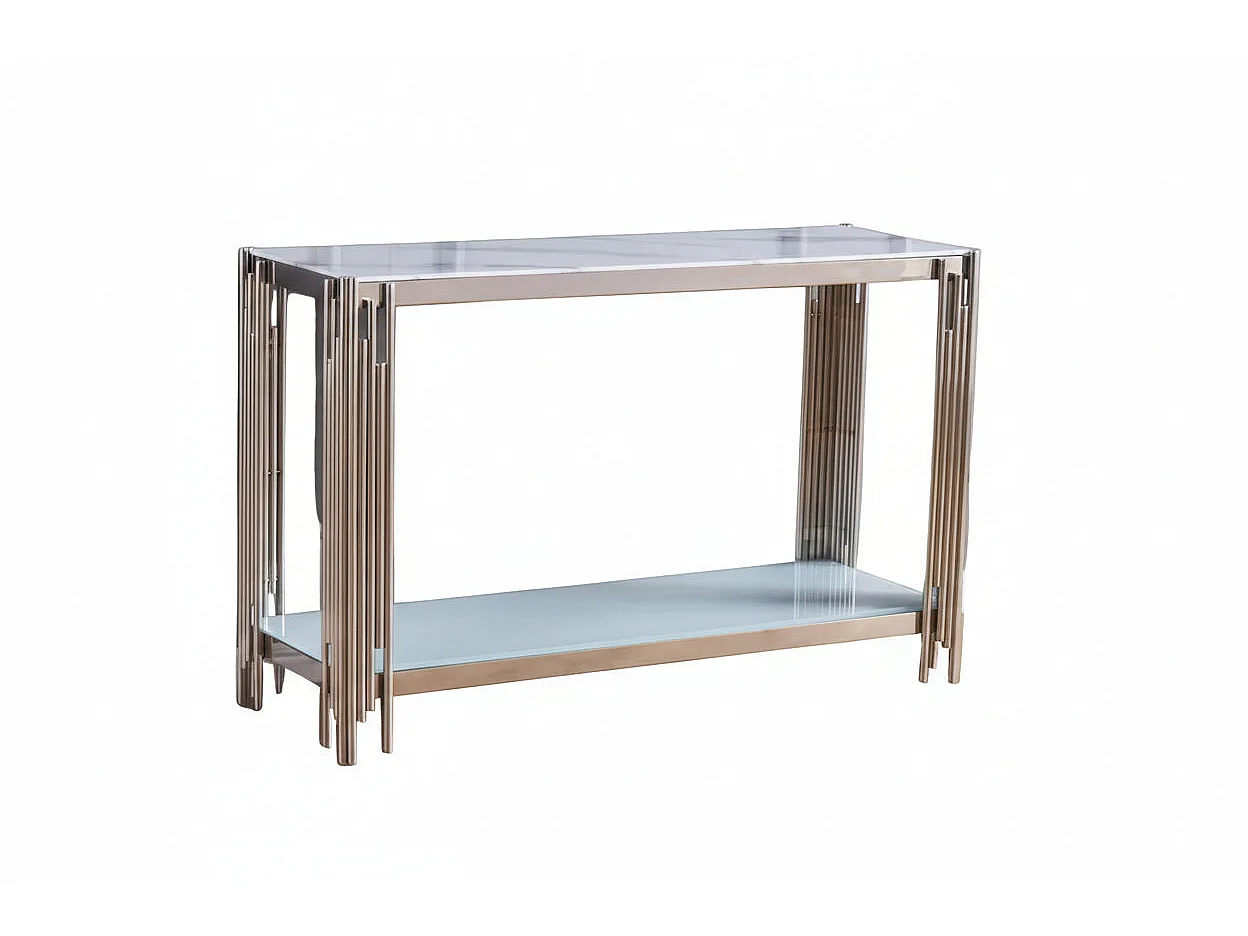 Console chrome verre marbré blanc 120x40x78 cm FLUTE