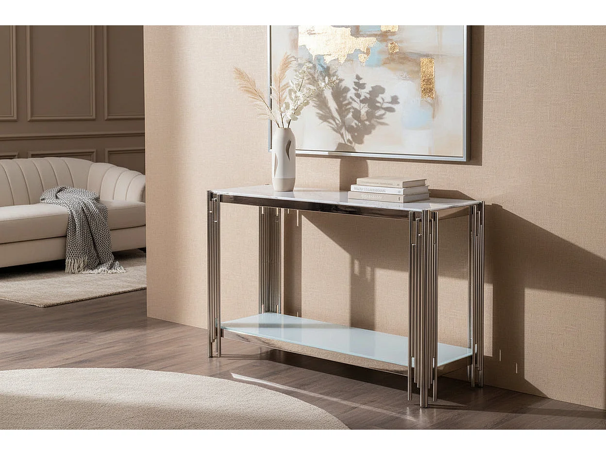 Console chrome verre marbré blanc 120x40x78 cm FLUTE