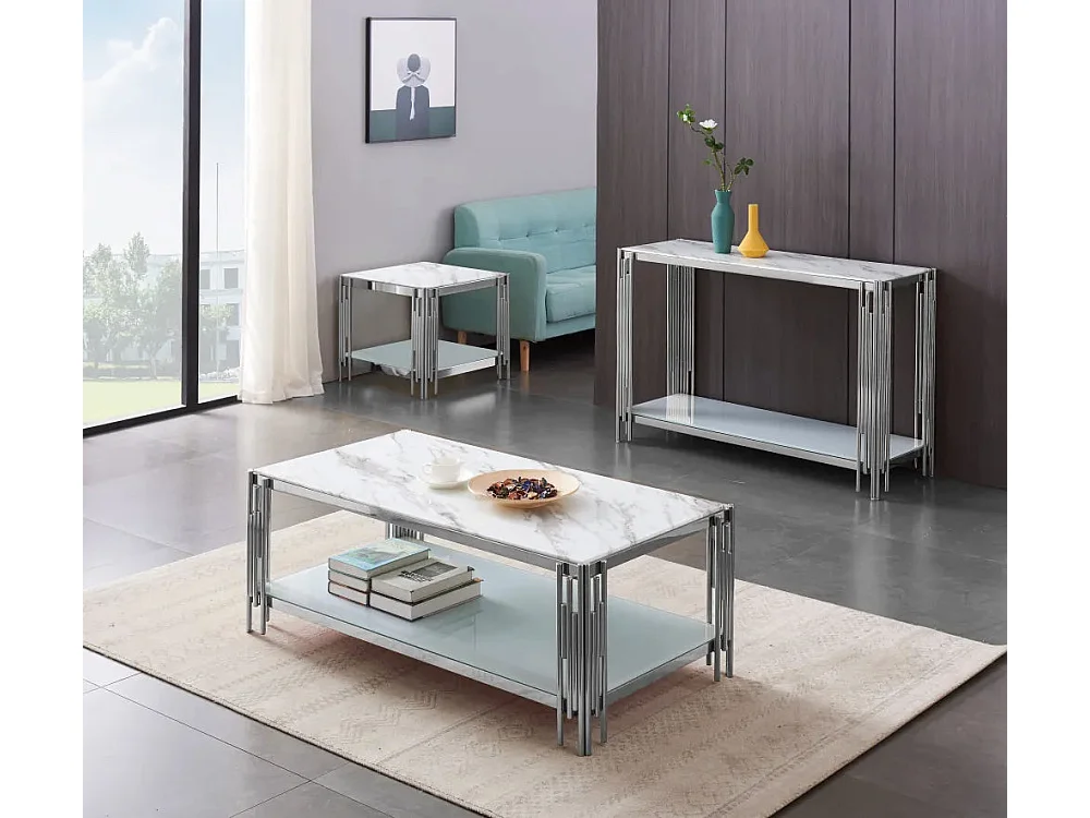 Console chrome verre marbré blanc 120x40x78 cm FLUTE