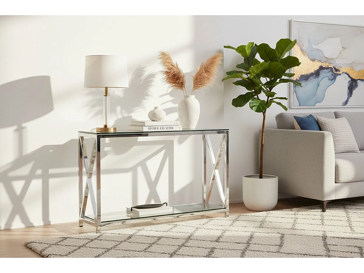 Console chrome verre trempé transparent 120x40x78 cm KENSY