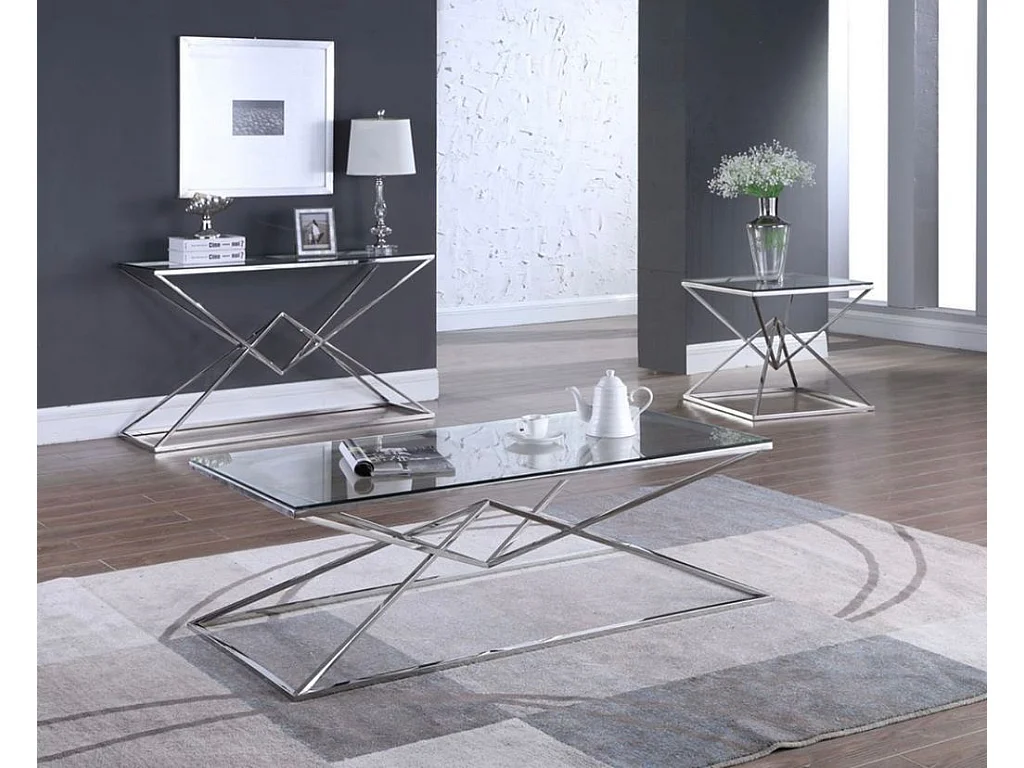 Console acier inoxydable chrome plateau verre trempé 120 cm Pyramide
